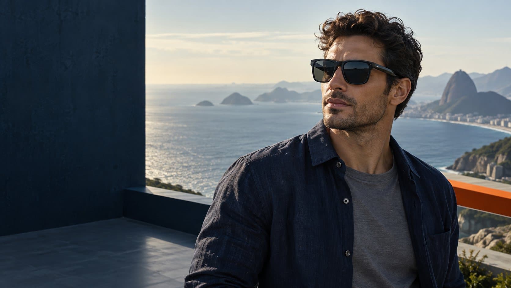 Homem de óculos escuros com vista para o mar